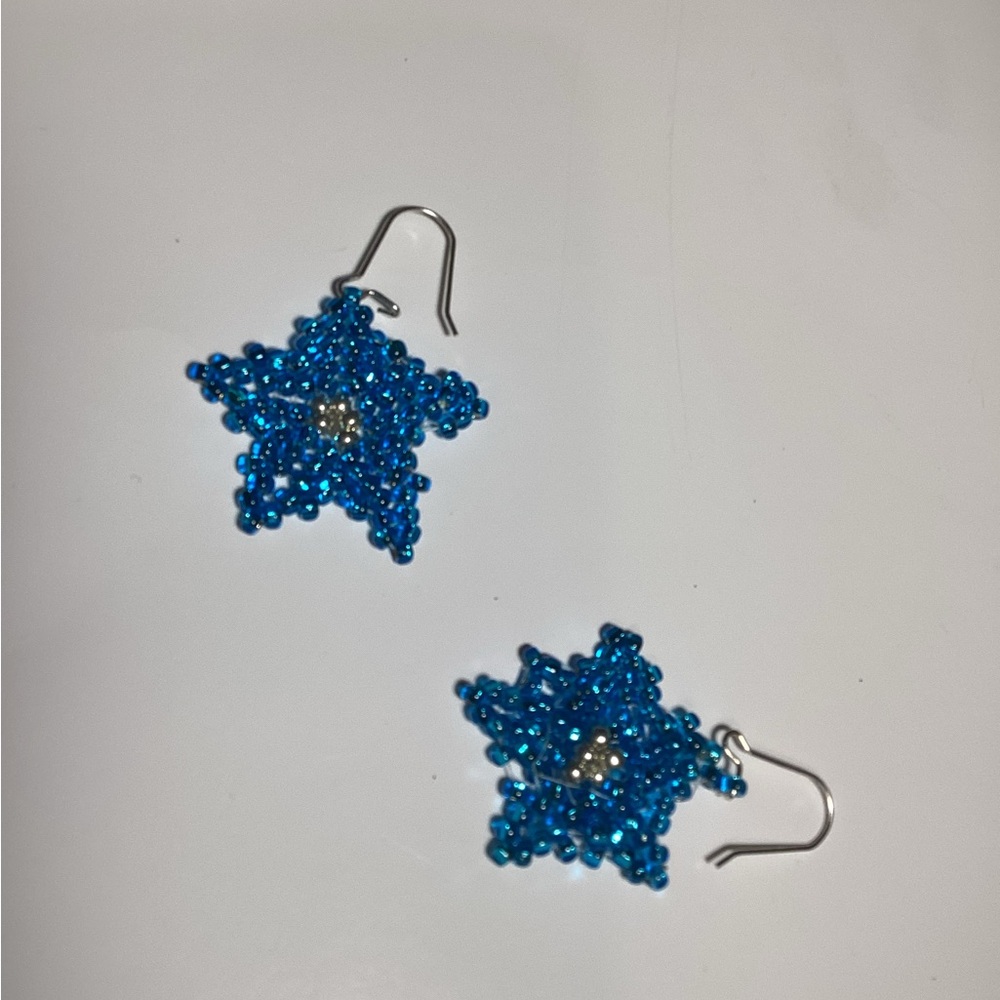Silver and Blue Star Earrings with Intricate Beadwork